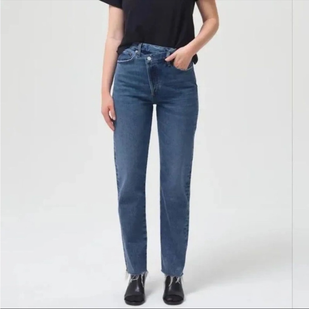 Agolde Criss Cross Straight Jeans Raw Hem Size 33 Medium Wash Classic Relaxed